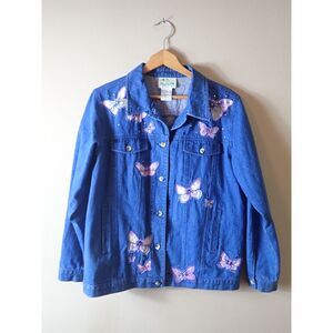 Quacker Factory Denim Jacket Embroidered Beaded Butterflies Medium Blue 90s
